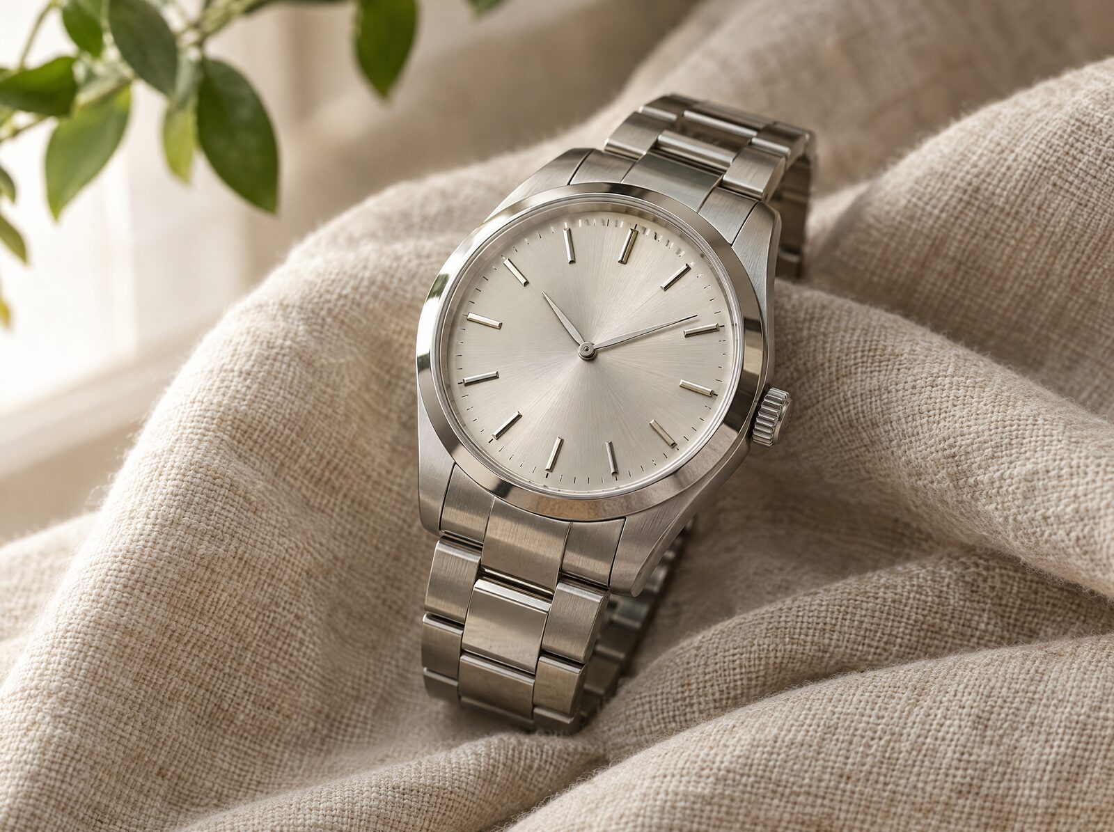 A steel watch on its bracelet resting on a folded linen cloth (illustrative photograph)