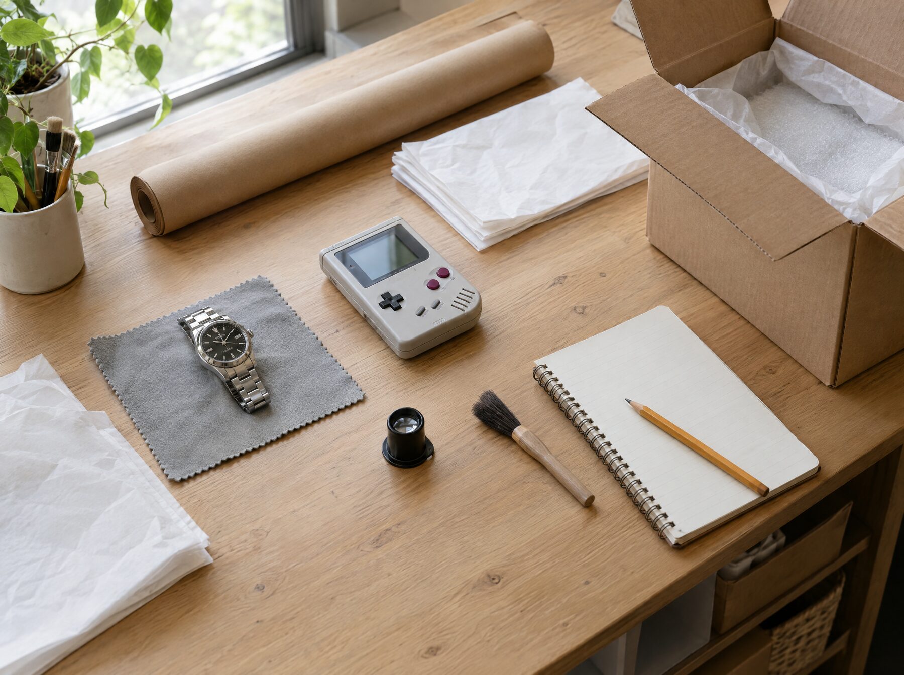Illustrative preparation bench: a wristwatch, a handheld console, inspection tools and packing materials